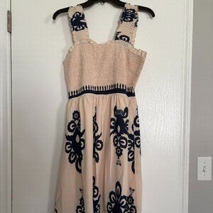 PRETTYGARDEN Cream and Navy Print Midi Dress Size M